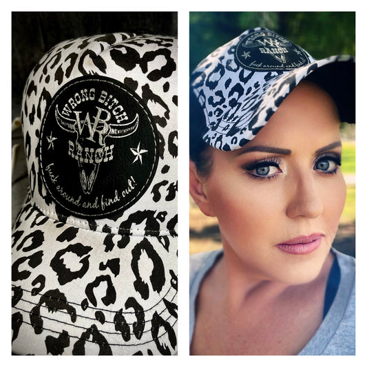 Feed Store Couture, By Joi. Wrong Bitch Ranch, fuck around & find out, womens white or brown leopard reg and ponytail trucker cap