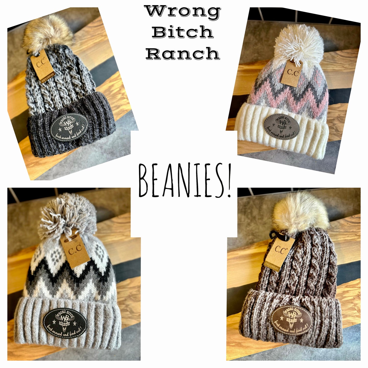 Wrong Bitch Ranch FAFO Pom Pom Beanies. Available in multiple patterns and patch colors